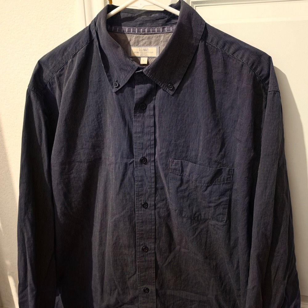 Old Navy Mens Large Long Sleeve Pinstripe Button Down Shirt Navy Grey Cotton